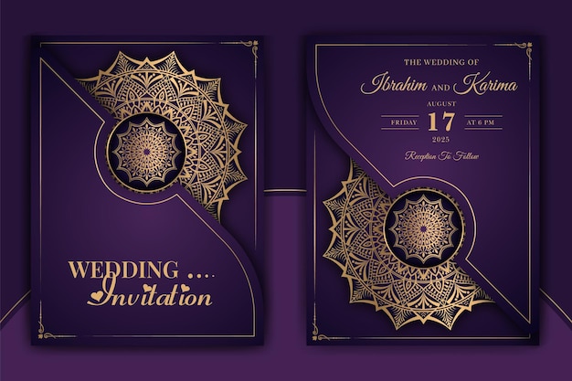 Luxury ornamental mandala wedding invitation card with golden arabesque Arabic Islamic background