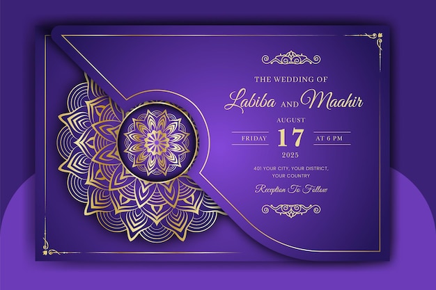 Luxury ornamental mandala wedding invitation card with golden arabesque Arabic Islamic background