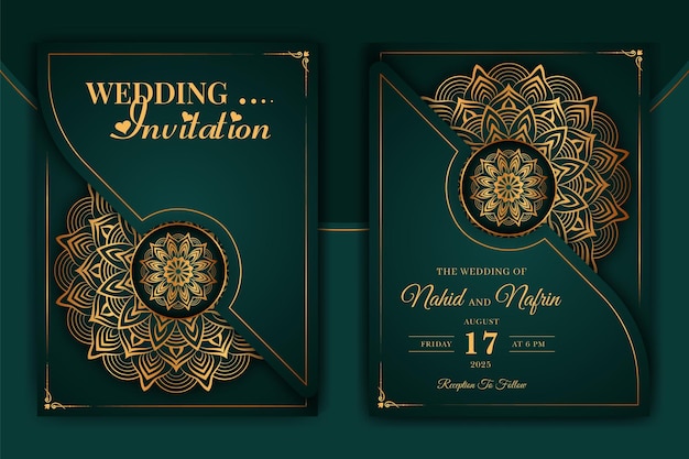 金色のアラベスクアラビアのイスラム教の背景を持つ豪華な装飾用曼荼羅の結婚式の招待状