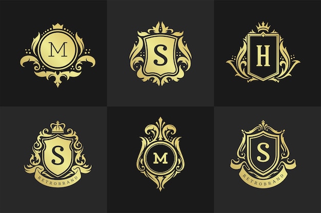 豪華な装飾品のロゴとモノグラムの紋章デザインテンプレートセットベクトルイラスト