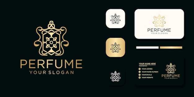 Vector luxury perfume logo with bottle design and business card template reference