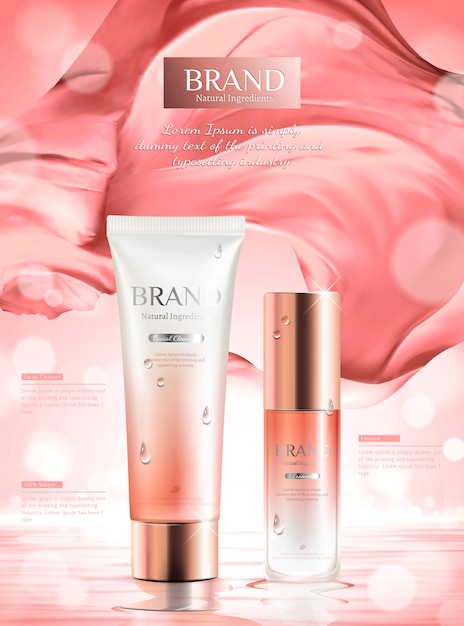 Luxury pink skincare product ads with wavy satin in 3d illustration on bokeh background