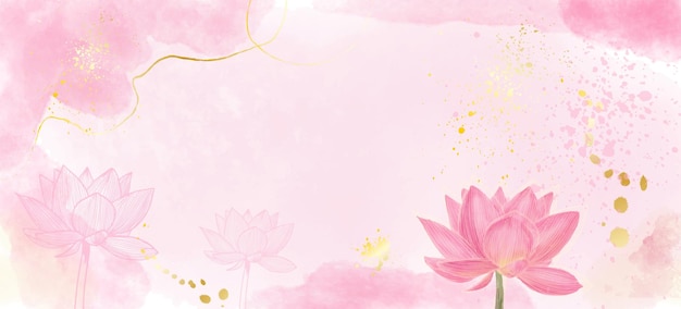 蓮の花ライン アート ゴールデン テクスチャ ベクトル水彩背景と豪華なピンクの壁紙デザイン