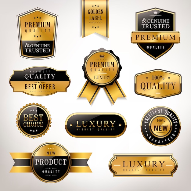 Vector luxury premium quality golden labels collection over pearl white background