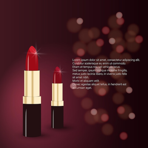Luxury presentation of makeup realistic glossy lipstick red assortment set with shine background