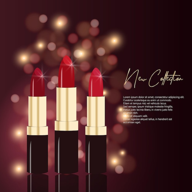 Luxury presentation of makeup realistic glossy lipstick red assortment set with shine background