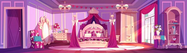 Vector luxury princess bedroom in royal palace background cartoon for game illustration