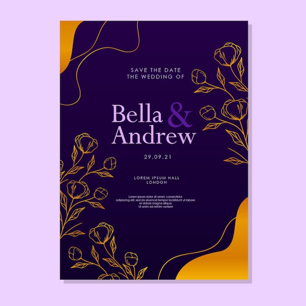 Vector luxury purple hand drawn floral elegant wedding invitation template