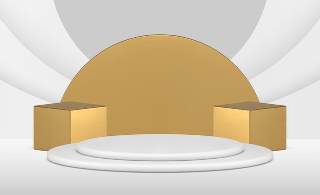 階段と立方体を備えた豪華でリアルな金色の台座の幾何学的形状の円表彰台3dテンプレートベクトルイラストパフォーマンス賞のための高価な3次元ステージおめでとう基本的な基盤