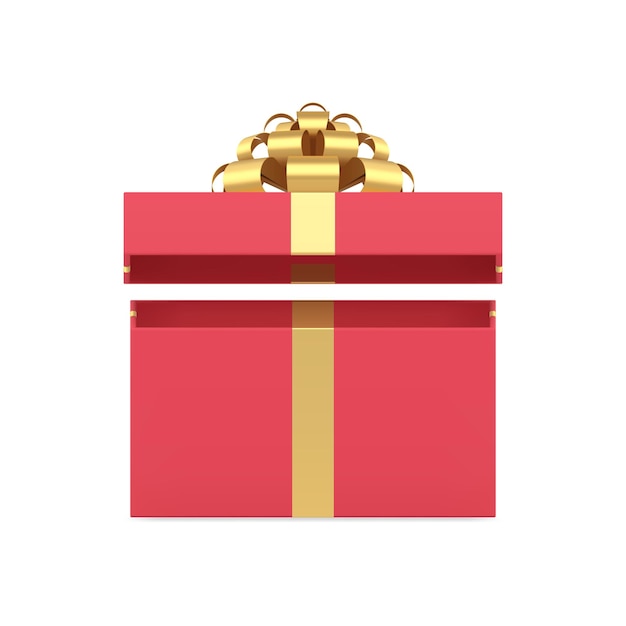 Luxury rectangle wrapped red festive gift box decorated by metallic golden bow ribbon realistic vector illustration. Classic expensive cardboard present package with open cap romantic Valentines