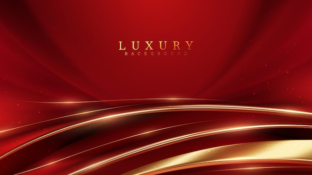 Vector luxury red color background with golden line elements and curve light effect decoration and bokeh