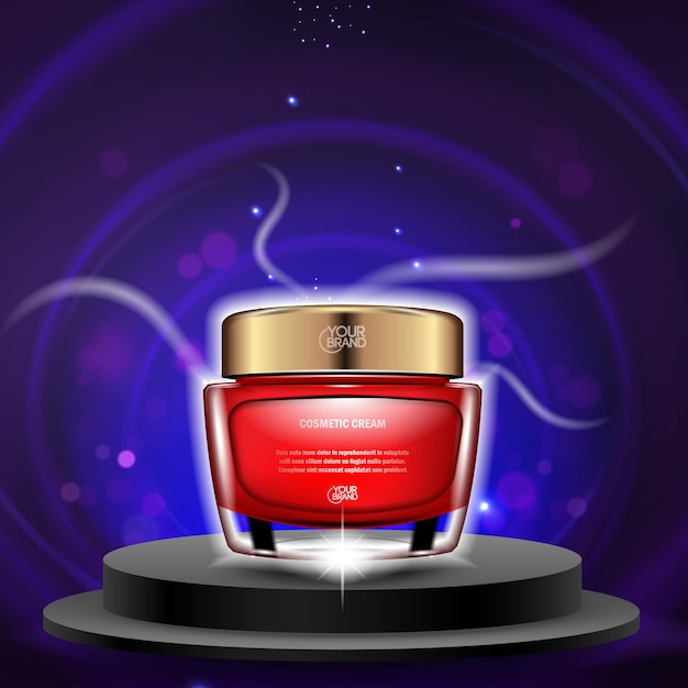 luxury red cosmetic cream jar on a black podium