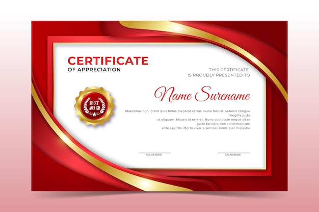 Modello di certificato rosso e dorato di lusso