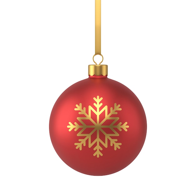 Luxury red metallic Christmas ball with golden decorative snowflake and rope for hanging realistic vector illustration. Bright traditional winter holiday seasonal Xmas decor mock up template isolated