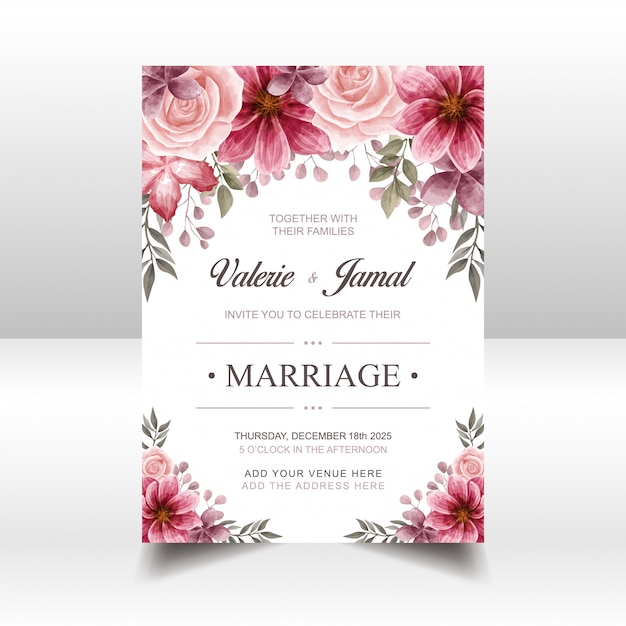 Luxury red wedding invitation card template with watercolor floral