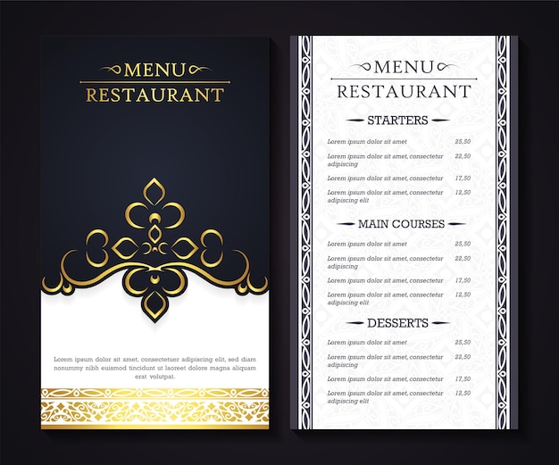 Menu del ristorante di lusso con un elegante stile ornamentale