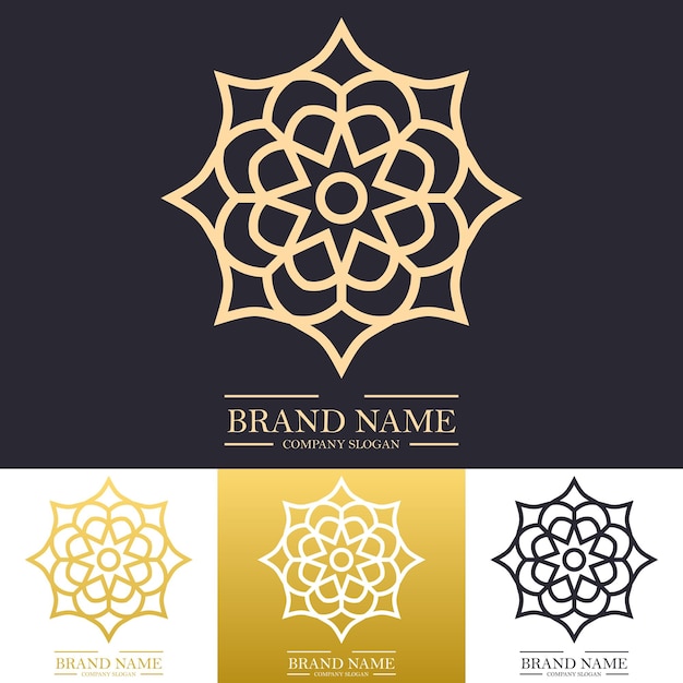 Luxury round flower logo design in gold color with trendy linear or line art mandala concept