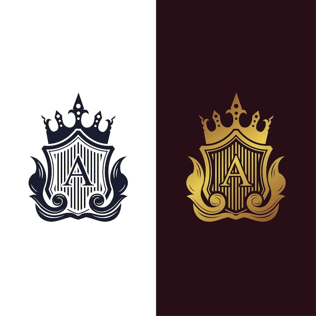 Luxury royal heraldic crest logo featuring letter A with crown and shield