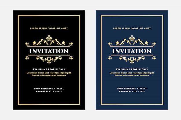 Luxury royal vintage ornament style invitation card with frame for wedding party invitation birthday golden and  black  template