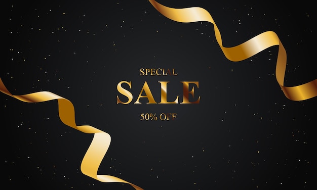 Luxury sale background with gold ribbon and glitter gold. vector illustration.