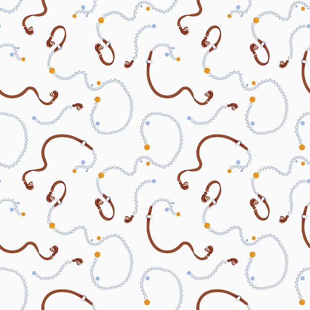 Luxury seamless pattern with fancy silver and golden chain belts decorated by coin charms and leather tassels on white