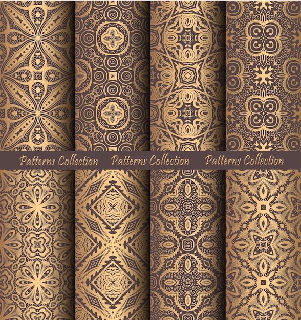 Luxury seamless patterns collection Golden vintage design elements Elegant weave ornament for wallpaper fabric paper invitation print Stylized damask vector background Forged floral motif