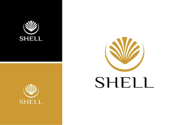 Design del logo boutique di lusso shell. idea di vettore di vongole frutti di mare