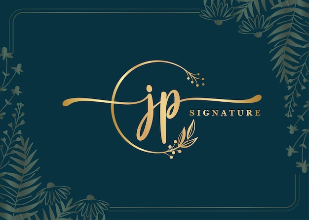 Luxury signature initial jp logo design isolated leaf and flower