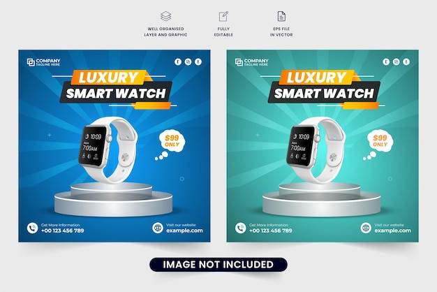 Luxury smartwatch sale social media post vector with blue and green colors Classic clock and gadget advertisement template Product presentation and sale offer template vector for digital marketing