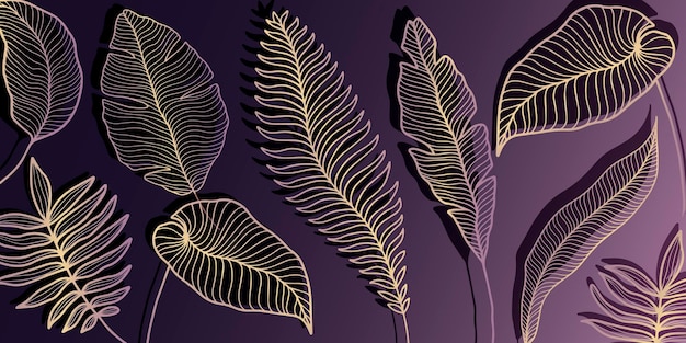 Luxury stylish vector illustration with palm leaves monstera fern in gold tones on purple background