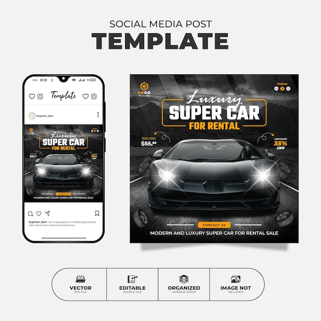 レンタルソーシャルメディアinstagramの投稿とバナーテンプレートコレクションの高級スーパーカー