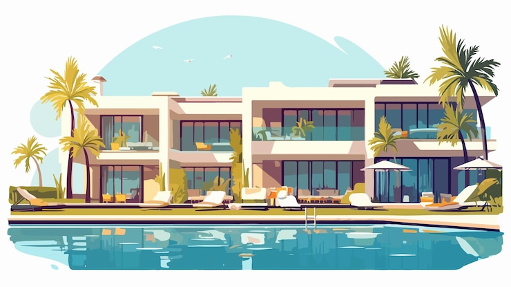Vector luxury touristic resort hotel with swimming pool for relaxation and enjoyment
