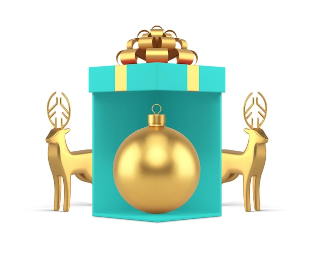 Роскошная бирюзовая открытая подарочная коробка мяч игрушка декоративный олень рождественский сувенир реалистичный 3d значок вектор