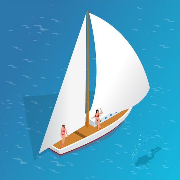 Luxury vacation on a yacht in the sea. romantic vacation and luxury travel. sailing the sea. human scuba diver swimming under water. flat 3d vector isometric illustration