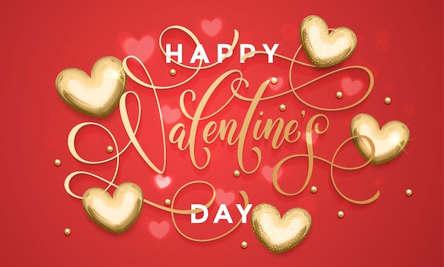 Luxury Valentines Day text lettering on golden hearts pattern for premium red greeting card