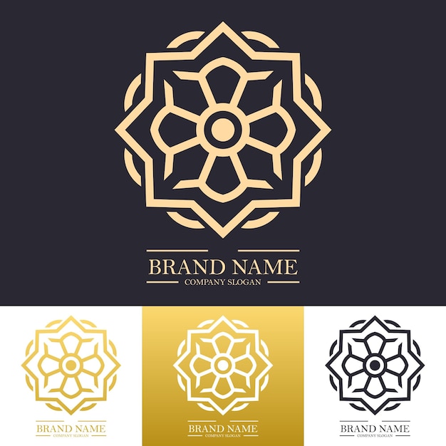 Luxury vector logo design with golden color and twisted mandala star or floral line art concept