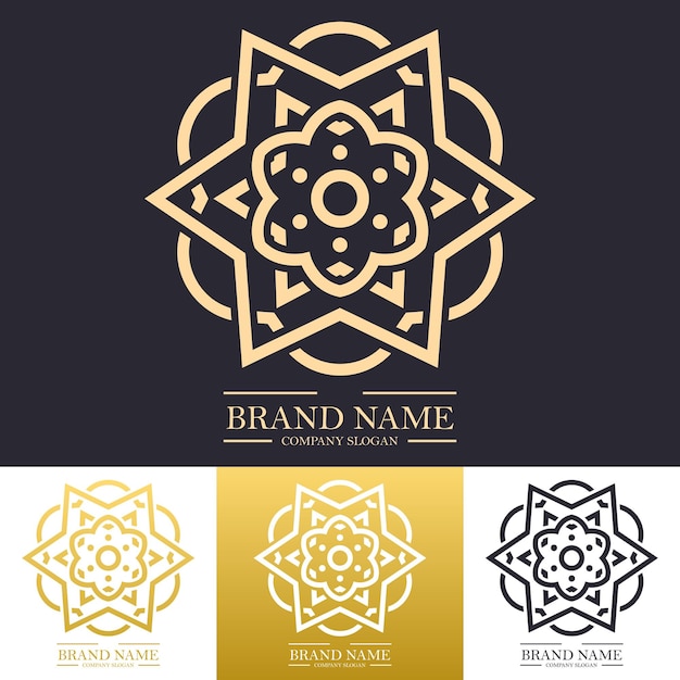 Design del logo vettoriale di lusso con colore dorato e stella mandala attorcigliata o concetto di arte della linea floreale