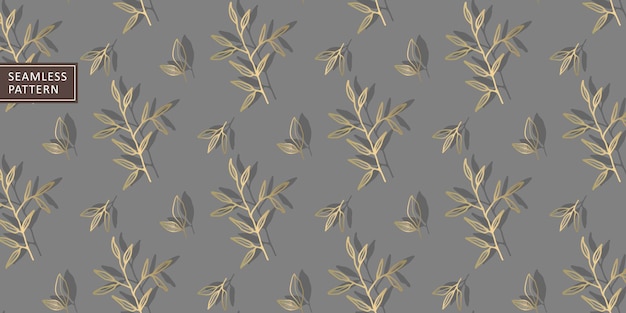 회색 배경에 고급 벡터 매끄러운 패턴과 금색 나뭇가지가 있는 잎사귀를 덮고 벽지 섬유 인쇄 포장지를 덮습니다.