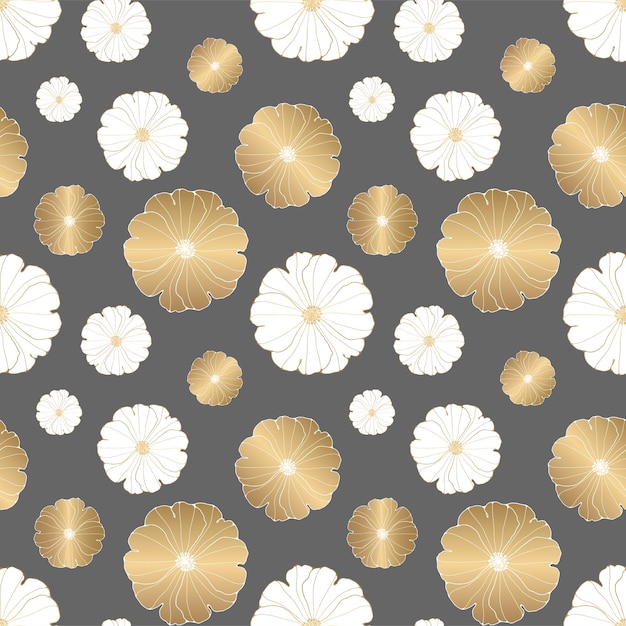 Luxury vector seamless pattern with gold and white flowers on a dark gray background Pattern for textiles wrapping paper wallpaper covers backgrounds