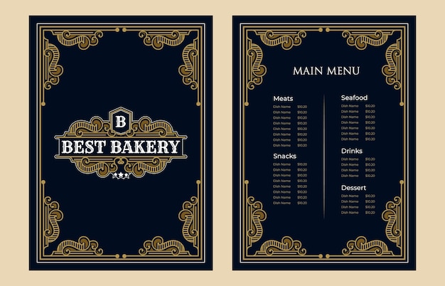 Роскошный винтажный магазин хлебобулочных изделий шаблон меню еды обложка с логотипом для кафе-бара при отеле