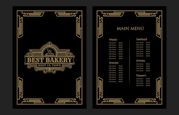Copertina del modello di carta del menu del cibo del negozio di panetteria vintage di lusso con il logo per la caffetteria dell'hotel bar caffetteria