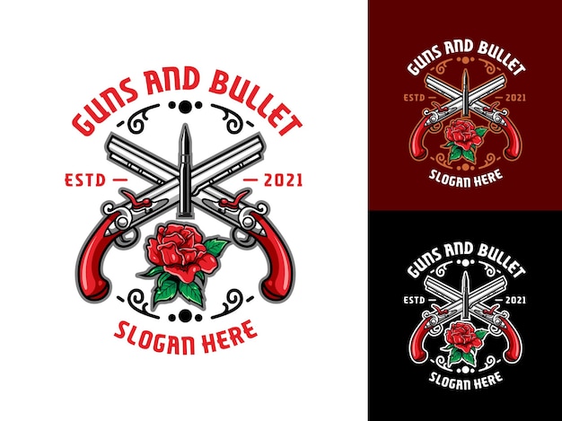 Vettore pistole di lusso e vintage, proiettile e logo di rose rosse