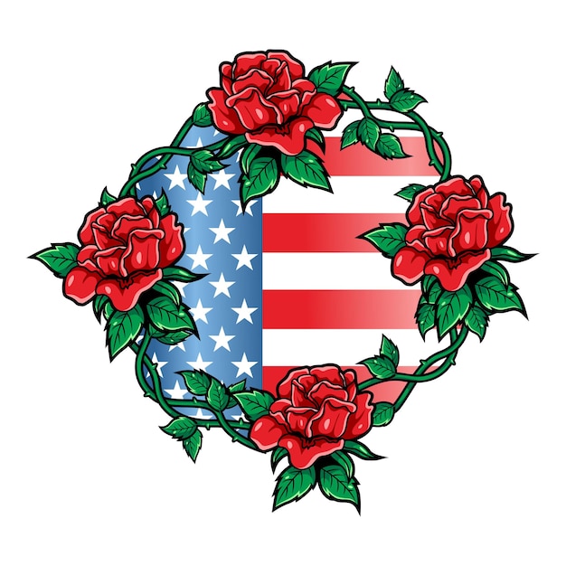 고급 스러움과 빈티지 일러스트 미국 국기와 빨간 장미