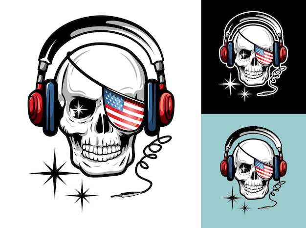 Illustrazione di lusso e vintage del cranio con la bandiera americana copriva un occhio e le cuffie