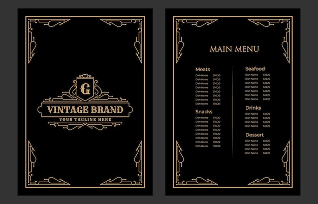 Lusso vintage ristorante cibo menu carta modello baia con logo per hotel cafe bar coffeeshop