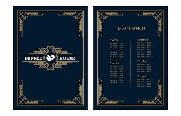 Copertina del modello di carta del menu di cibo del ristorante vintage di lusso con logo per la caffetteria dell'hotel bar caffetteria