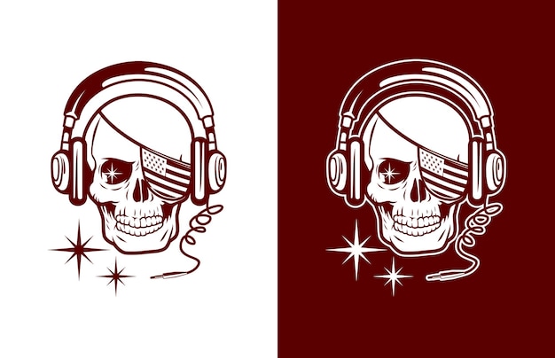 Vector luxury and vintage skull with american flag covered one eye and headphone  logo