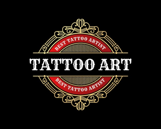 Luxury vintage tattoo studio emblem badge logo design with decorative ornamental flourish  frame