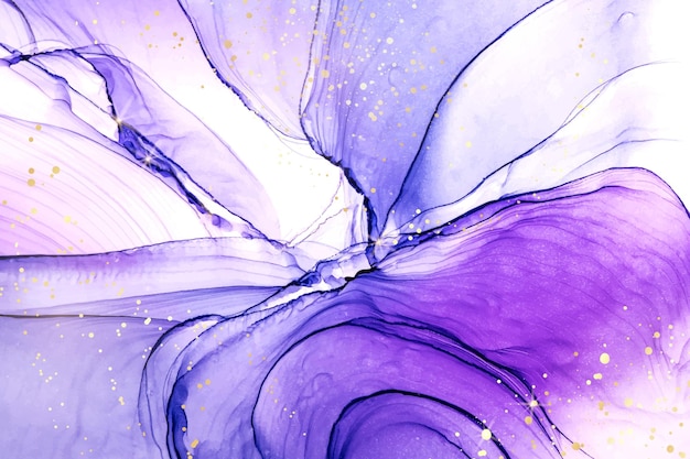 Luxury violet liquid watercolor background with golden stains royal purple marble alcohol ink drawin