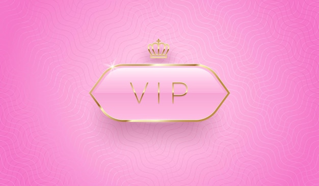 Luxury vip glass label with golden crown and frame on a pink pattern background